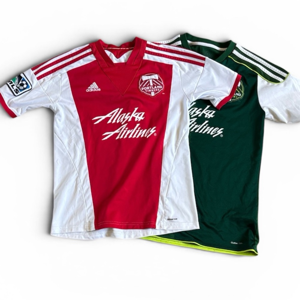 2 Pack Adidas Portland Timbers Soccer Jerseys with Alaska Airlines Logo